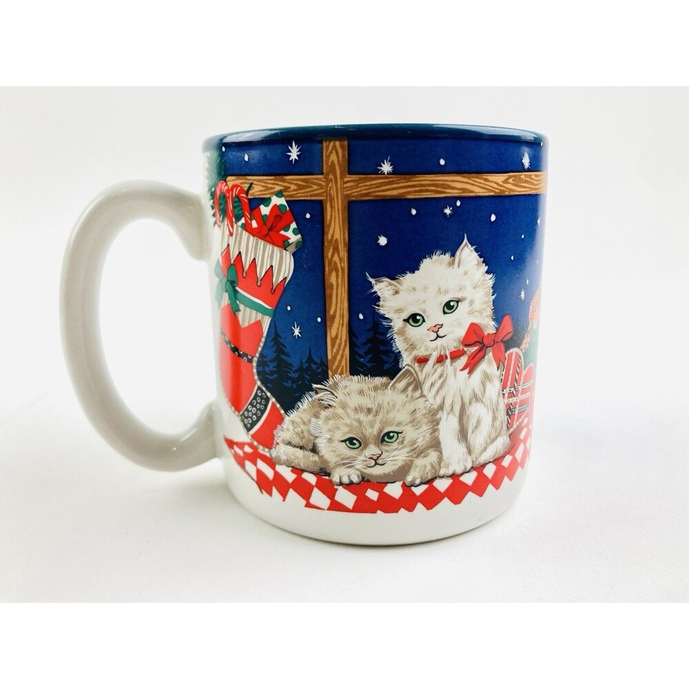 Vintage Potpourri Press White Cat Mug Christmas 1990 Long Haired Signed Snow Tre